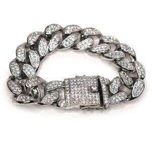 Chunky Iced Out Cuban Link Bracelet Silver Tone Rhinestone Hip Hop Bling Jewelry